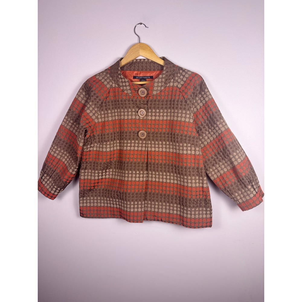 VTG Women's XL Polka Dot Jacquard Jacket Retro Mod Boho Artsy Burnt Orange Work